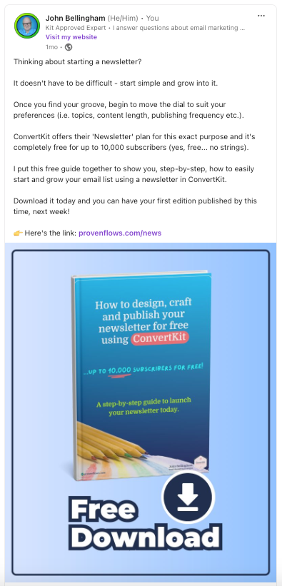 Linkedin post about free email marketers starter guide using Kit