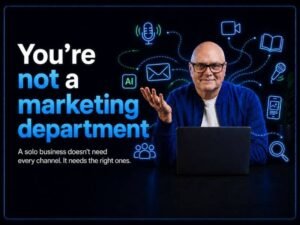 An image of John Bellingham at his desk, gesturing with one hand in the air, with a caption "You're not a marketing department".