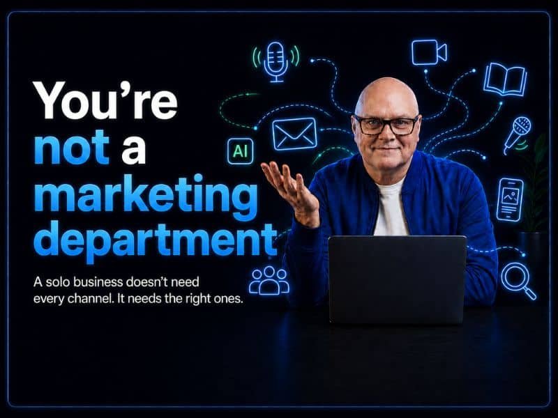 An image of John Bellingham at his desk, gesturing with one hand in the air, with a caption "You're not a marketing department".
